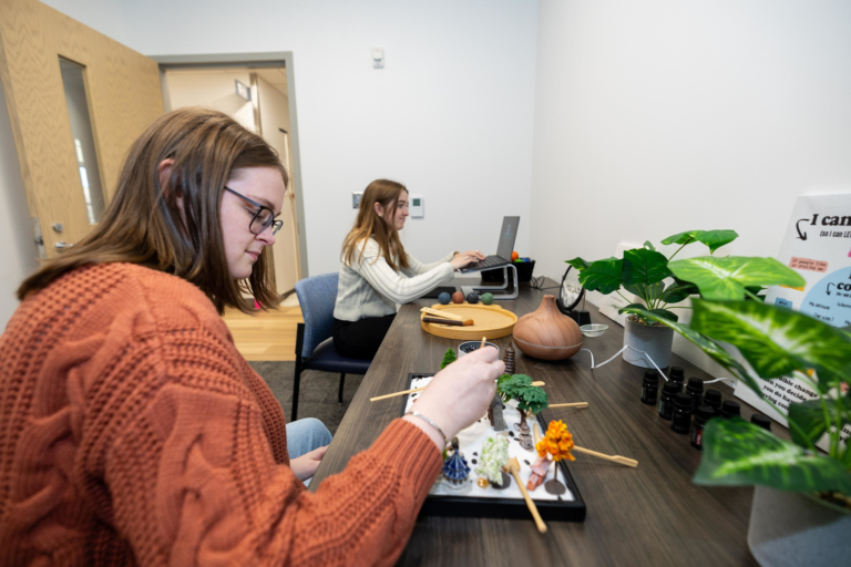 Two students in the Trihealth wellness room, one playing with a zen garden and the other on a laptop