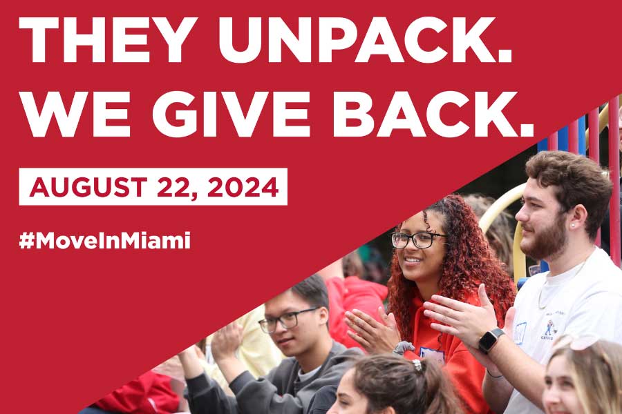 an announcement with students clapping and cheering with the heading They unpack. We give back. August 22, 2024 #MoveInMiami