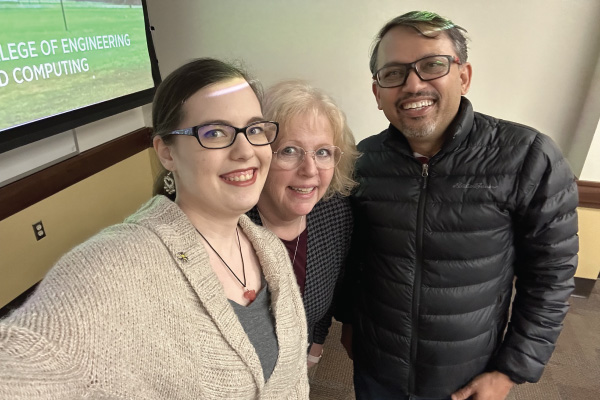 Crystal McCurdy left with Donna Evans, Senior Lecturer of Computer and Information Technology, and Kumar Singh, Chair & Professor of Mechanical and Manufacturing Engineering